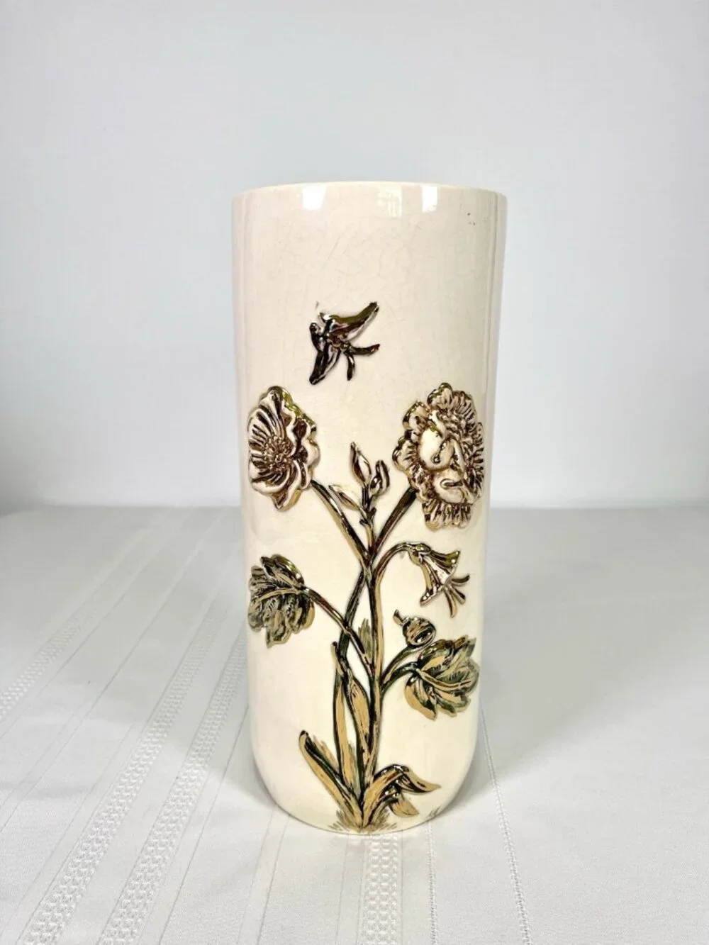 Vintage 50s Art Pottery Vase MCM Handpainted Flowers Ceramic Boho Mid Century